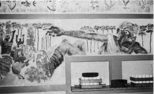 Doorgeefluik eetzaal ± 1958. Muurschildering van een sprookje waarvoor directeur Teepe grote voorkeur had.