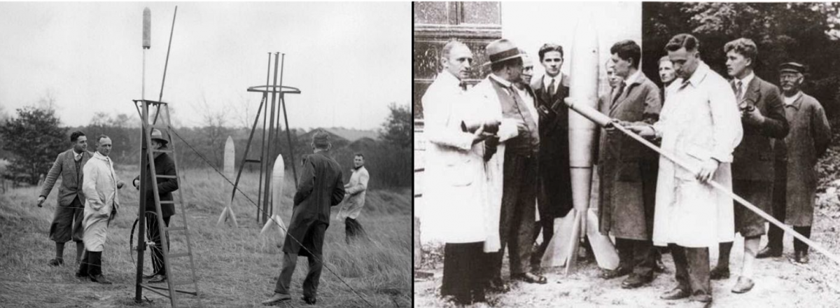 Links zijn beroemde boekwerk. In het midden één van de meest beroemde foto’s van Goddard. Hij staat hier voor zijn eerste vloeibare stuwstofraket, vlak voor de lancering op 16 maart 1926. Geheel boven zien we de cilindervormige raketmotor met straalpijp. Onderin zien we twee tanks voor stuwstoffen, gasoline en vloeibare zuurstof. Qua ontwerp het tegenovergestelde van de moderne raket. Rechts bezig met de eerste grote raket die in 1930 succesvol wordt gelanceerd.  Ook hij komt onafhankelijk van Tsiolkovsky met de beroemde raketvergelijking. Verder beschrijft hij het principe van de meertrapsraket. Het is echter de gedachte die hij aan het eind van het boekje uit-spreekt dat wellicht ooit een onbemande raket naar de maan zal gaan met een explosieve massa aan boord om daar te gaan landen. Door het ontsteken van deze explosieve massa zal men op aarde de flits kunnen zien, wetende dat de raket is aangekomen. De pers springt er boven op en publieke hoon is zijn deel. Vanaf dat moment werkt Goddard alleen nog in volstrekte geheimzinnigheid. Na zijn dood in 1945 wordt pas echt duidelijk welke geweldige bijdrage hij aan de ontwikkeling van de raket heeft geleverd. In 1926 lanceert hij als éérste een vloeibare stuwstofraket. Een raket met een lengte van 3,4 meter en een gewicht van 5 kg, werkend op de combinatie van gasoline en vloeibare zuurstof. De raket bereikt een hoogte van 12 meter en een eindsnelheid van 100 km per uur. Het mag dan allemaal niet zo indrukwekkend lijken, het was wel de eerste vloeibare stuwstofraket. Het is een vergelijkbare prestatie als de eerste vlucht van het vliegtuig door de Wright Brothers in 1903. Hier werd een afstand van 37 meter afgelegd. In 1930 lanceert hij met succes zijn eerste grote raket. Meer dan 3 meter lang bereikt deze raket een hoogte van 600 meter bij een snelheid van 800 km per uur.   Tot 1941 bleef hij raketten bouwen waarbij hij gyroscopen en stuurvlakken gebruikte voor de besturing van de raket. In totaal zou hij 214 patenten verwerven. Door de Tweede Wereldoorlog ging hij voor de Marine werken aan raketten om vliegtuigen te ondersteunen bij de start. Na jaren van slechte gezondheid als gevolg van een opgelopen tuberculoze, stierf hij in 1945. Vlak voor zijn dood mocht hij nog in beslag genomen delen van de V-2 raket inspecteren en zag vele overeenkomsten met zijn eigen werk. Hij wordt heel vaak de Vader van de Rakettechniek genoemd. Een mooi citaat van hem is: “Het is moeilijk aan te geven wat onmogelijk is, want de droom van gisteren is de hoop van vandaag en de werkelijkheid van morgen”.  Dr. Hermann Oberth (1894-1989) Daar waar Tsiolkovsky en Goddard buiten de publiciteit hun werk deden, was Hermann Oberth gedurende de jaren 1920 een legende die in Duitsland de rakettechniek wel tot een groot nationaal belang wist te maken. Het was op twaalfjarige leeftijd toen hij op het gymnasium op verzoek van zijn moeder, Jules Verne begon te lezen. Evenals Tsiolkovsky en Goddard raakte hij gefascineerd. Hij zag al snel in dat het afschieten van een ruimtevaartuig met behulp van een kanon volkomen onzinnig is door de gigantische hoge versnellingen. Geen enkele astronaut zou dit overleven. In 1912 ging hij op verzoek van zijn vader medicijnen studeren in München. Familietraditie. Echter met het uitbreken van de Eerste Wereldoorlog in 1914 moest hij Duitsland verlaten en keerde huiswaarts in Roemenië. Daar werd hij in het leger opgenomen om tegen de Russen te vechten waarbij gewond raakte. Na hersteld te zijn mocht hij in een militair hospitaal gaan werken maar bleef zich toeleggen op de ontwikkeling van de raket. In 1917 had hij een volledige raket ontworpen, 25 meter in lengte en 4 meter in doorsnede. En dan te bedenken dat de eerste grote raket 25 jaar later een lengte van 14 meter zou hebben bij een diameter van 2 meter (V-2). Op zoek naar een universitaire graad overlegde hij in 1922 een proefschrift aan de Universiteit van Heidelberg over zijn raketontwerpen en bevindingen. Echter het werd afgewezen omdat de tekst te ‘ongewoon’ was.  Met dezelfde argumentatie was zijn verzoek in Göttingen ook al afgewezen. Daarom besloot hij in 1923 om op eigen kosten het proefschrift als boek uit te brengen onder de naam “Die Rakete zu den  Planetenraümen”. Het werd een geweldig succes. Het is een klein boekje van slechts 92 pagina’s, een bolwerk van formules en niet te vergeten de fundamentele raketvergelijking die ook al door Tsiolkovsky en Goddard werden gegeven.  Het boekwerkje genoot zelfs tot in Rusland, (overigens met grote tegenzin van Tsiolkovsky), zeer veel populariteit. Het leidde wereldwijd tot de oprichting van vele verenigingen waaronder de VfR (Verein für Raumschiffahrt). Oberth werd zelfs voorzitter van deze vereniging. In 1928 kwam hij met geheel nieuw boek onder de titel: “Wege zur Raumschiffahrt”, een zeer uitgebreide versie van zijn eerste boek en nu 429 pagina’s tellend. Dit boek heeft jaren gegolden als de bijbel van de ruimtevaart.  Inmiddels kregen de activiteiten van deze leden van de Verein für Raumschiffahrt steeds meer de belangstelling van de legerleiding. De activiteiten werden door het leger overgenomen en verplaatst naar de geheime locatie Peenemünde aan de Oostzee hetgeen uiteindelijk leidde tot de ontwikkeling van de beruchte V-2. Het is pas 1941 als Oberth naar Peënemunde wordt gezonden waar zijn oud leerling Wernher von Braun de technische leiding heeft. Al gauw wordt duidelijk dat Oberth, eens de basis gelegd van al datgene wat in Peënemunde bereikt is, nu niet veel meer kan bijdragen. Na de oorlog wordt hem in 1955 opnieuw een werkkring door von Braun aangeboden, nu in Huntsville Alabama in de Verenigde Staten. In 1958 keert hij terug  naar  Feucht dichtbij  Neurenberg  waar  hij in 1941 vanuit een nalatenschap een huis had gekocht. Later heeft dit huis, ook wel “kasteel” genoemd, de functie gekregen van het Hermann Oberth Ruimtevaart Museum. 